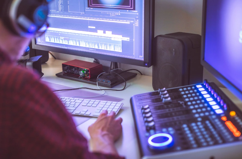 A man wearing headphones is focused on his computer screen while working as a virtual assistant video editor