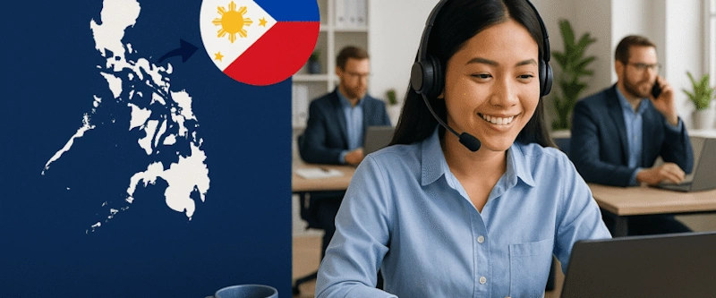 A woman with working on a laptop with a flag and map highlighting outsourcing to Philippines