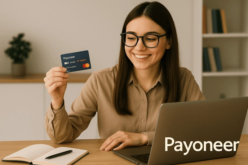 A woman holding a payoneer card indicating successful creation of Payoneer account