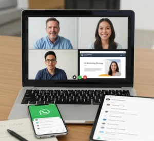 A laptop, a mobile phone and a tablet illustrating tools for managing remote Filipino Virtual Assistants.
