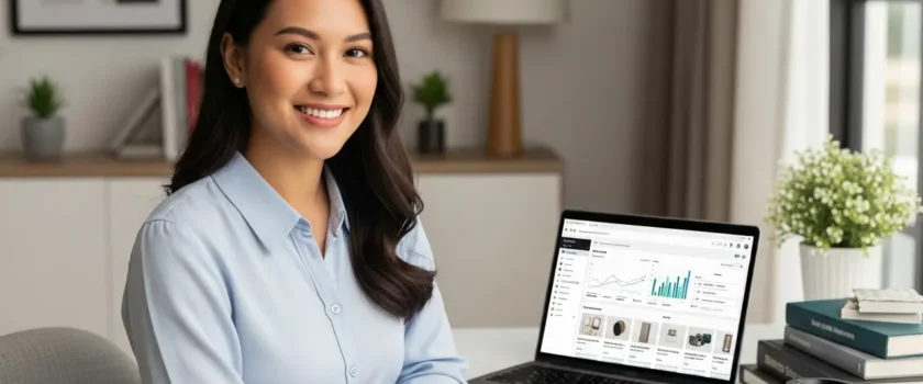 A virtual assistant for Shopify at a desk with an open laptop displaying graphs.