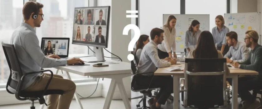 Video conference with virtual assistants on the left and an in-person meeting on the right