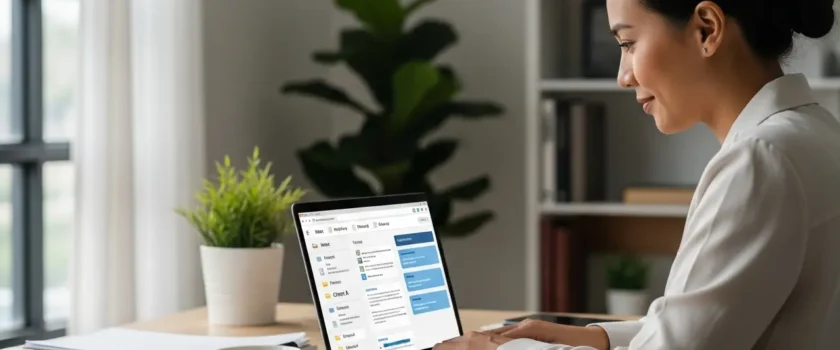 Filipino VA working on email management tasks using a laptop at her desk