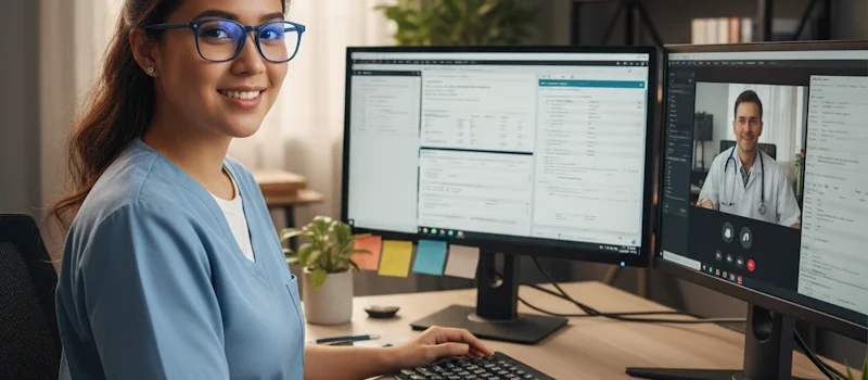A medical virtual assistant Philippines at a desk with dual monitors displaying medical data and a video call.