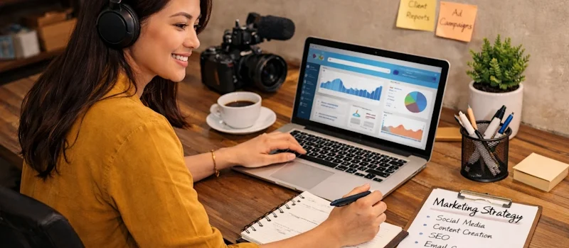 Filipino marketing VA writing in a notebook at a desk with a laptop displaying graphs, a camera, and marketing materials.