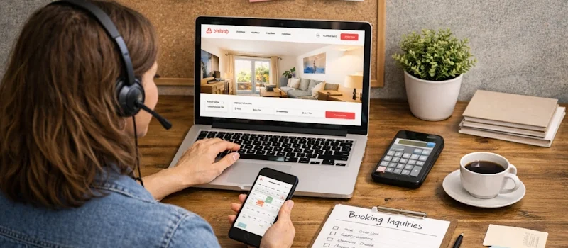 Virtual assistant managing Airbnb bookings on a laptop and smartphone at a neat desk