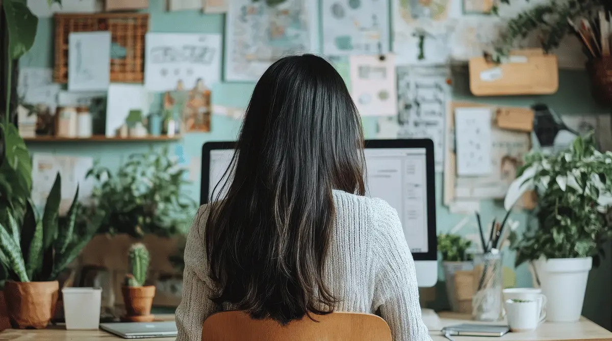 A data entry virtual assistant working at a desktop computer in a creative home office.