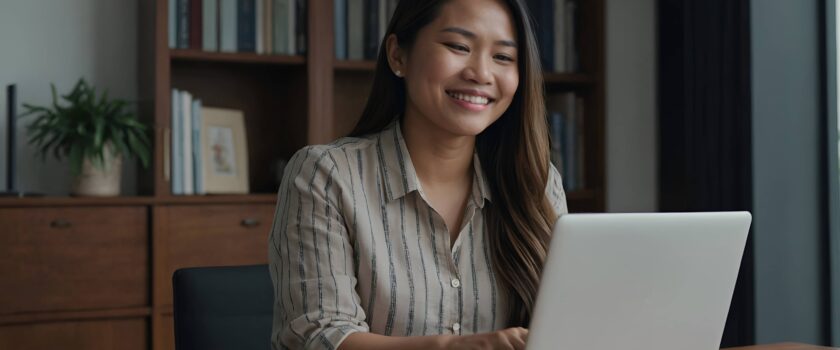 Smiling Filipino administrative virtual assistant working on a laptop at a wooden desk.