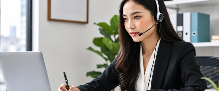 A law firm virtual assistant wearing a headset and taking notes while working at a desk with a laptop.